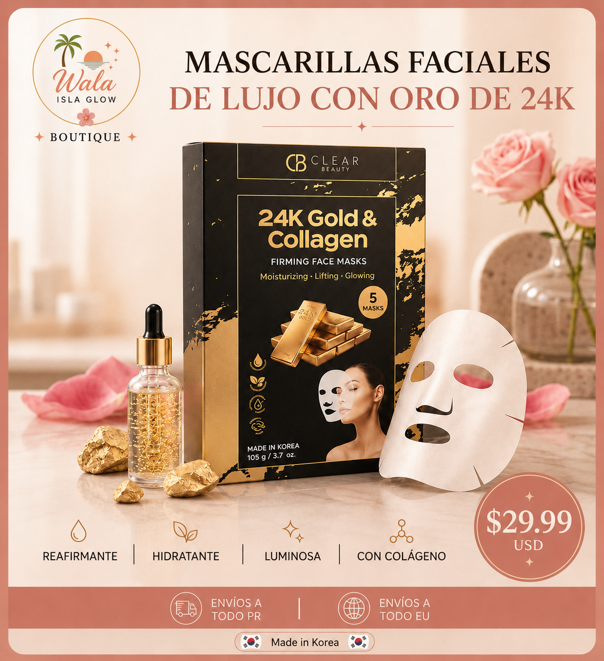 Mascarillas 24K Gold & Collagen - Clear Beauty (5 uds)