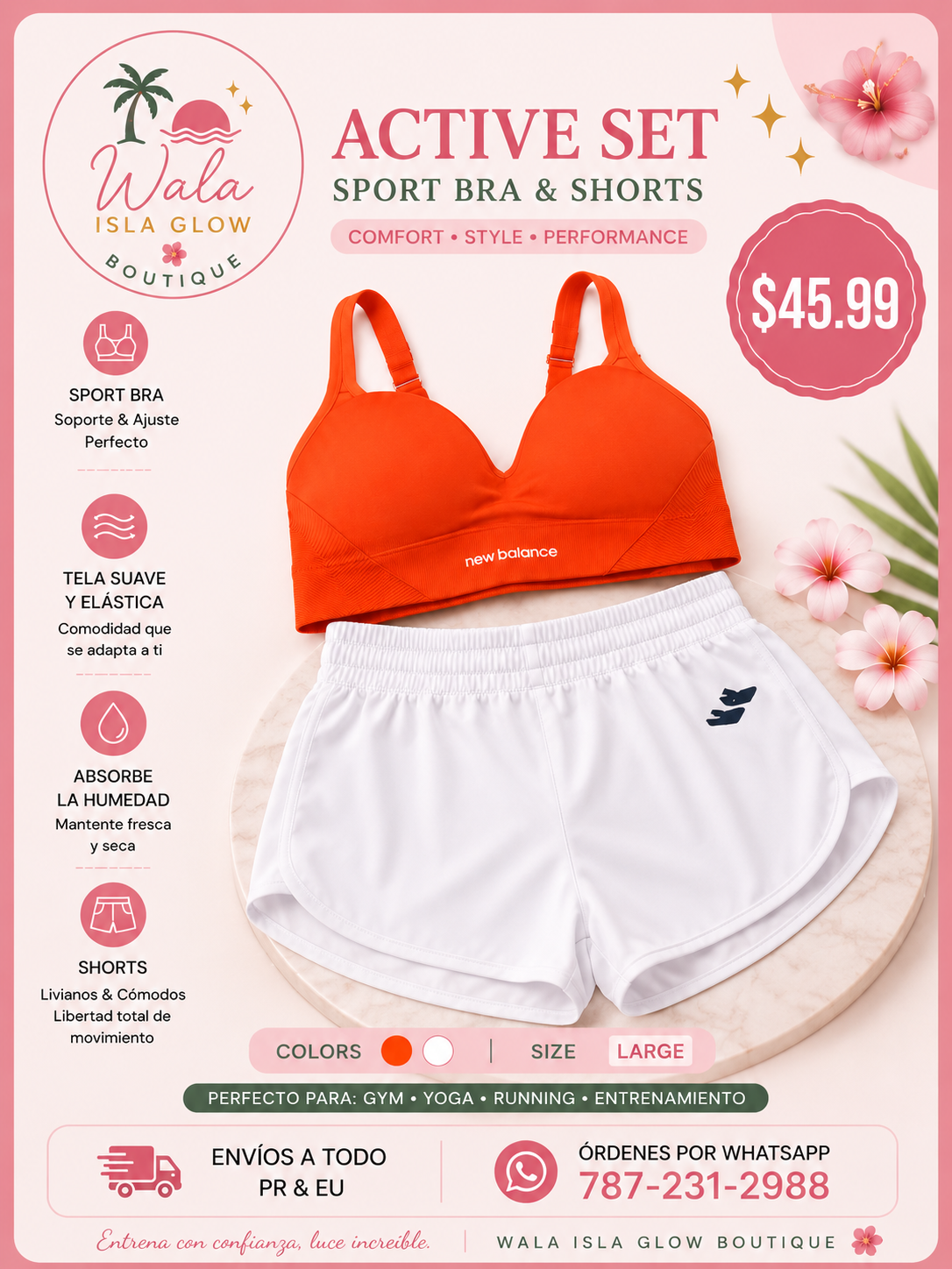 Set Sport Bra Coral + Pantalón Blanco