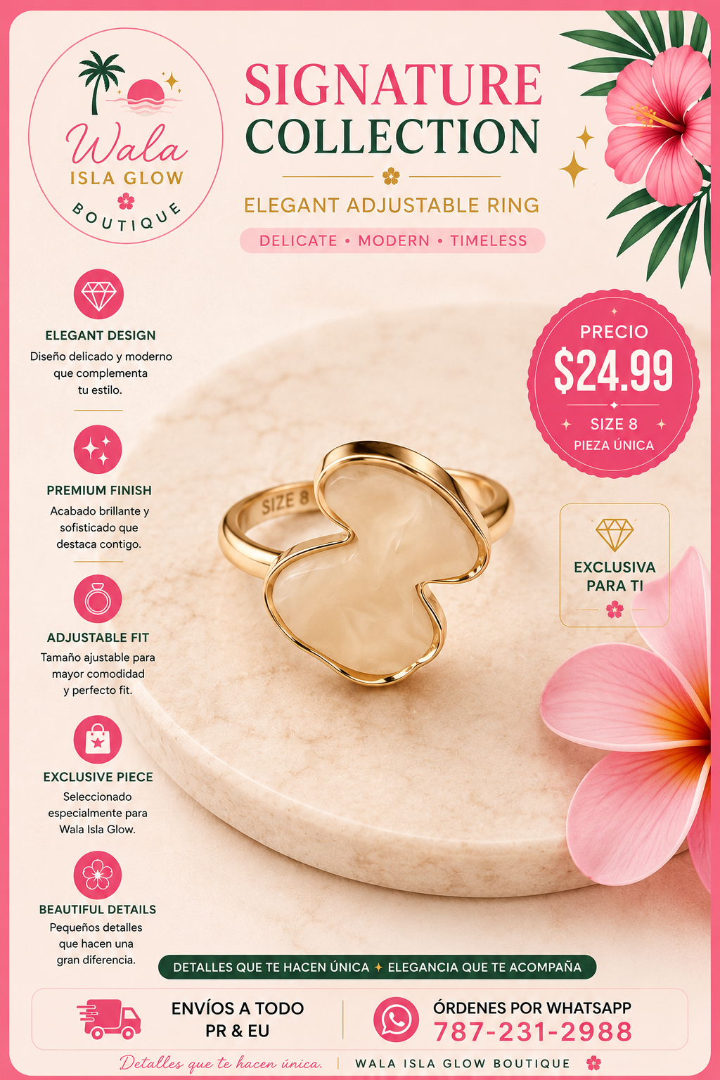 Anillo Trébol Piedra Crema - Dorado (Size 8)