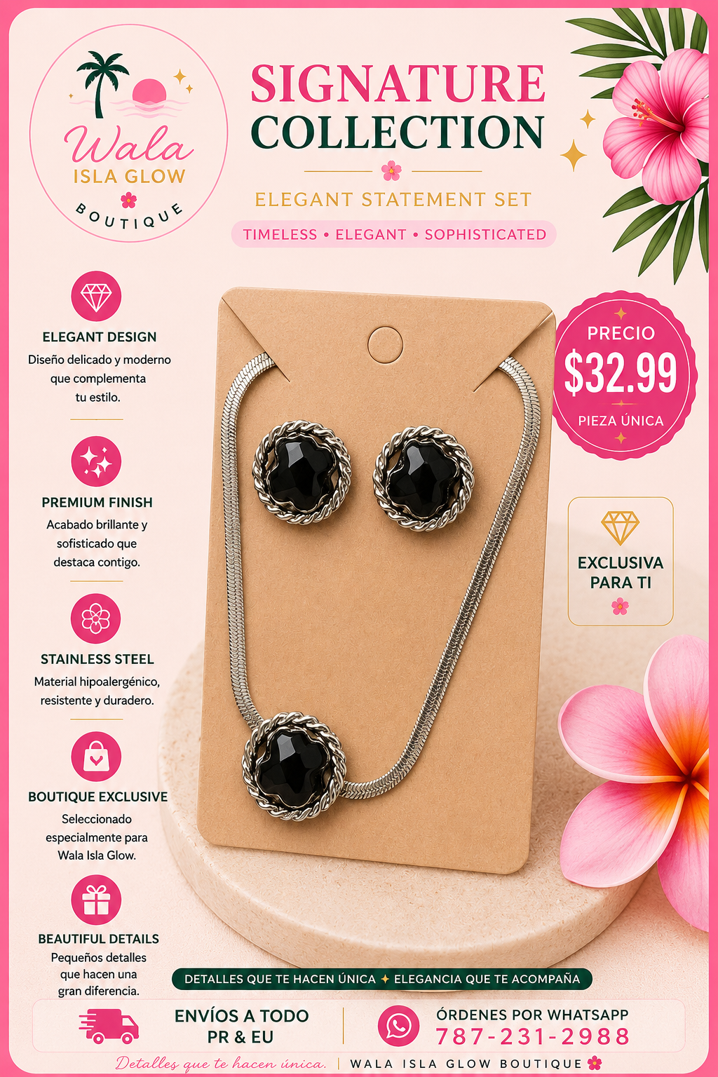 Set Aretes + Collar Piedra Negra - Plateado