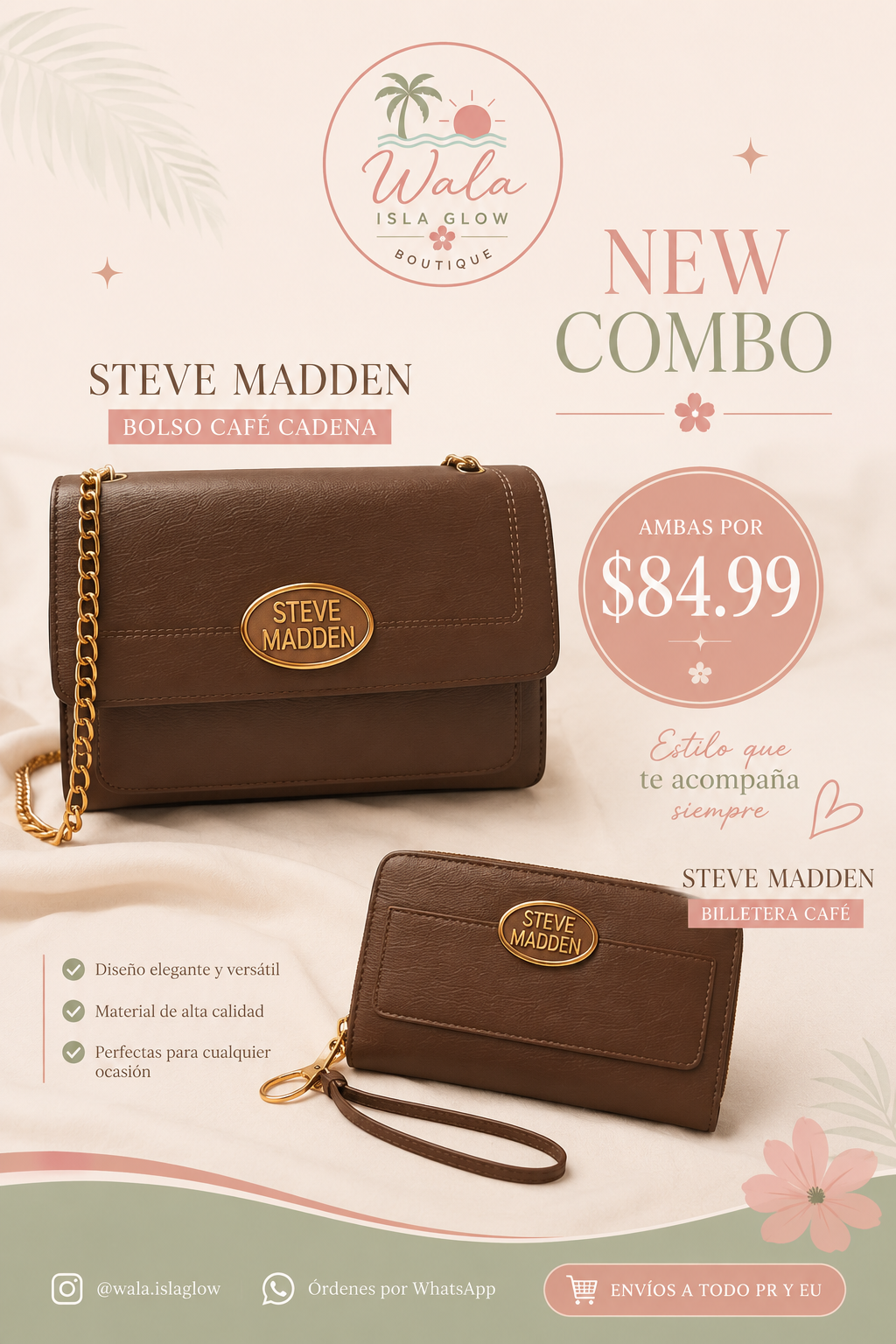 Combo Steve Madden Bolso Café Cadena + Billetera