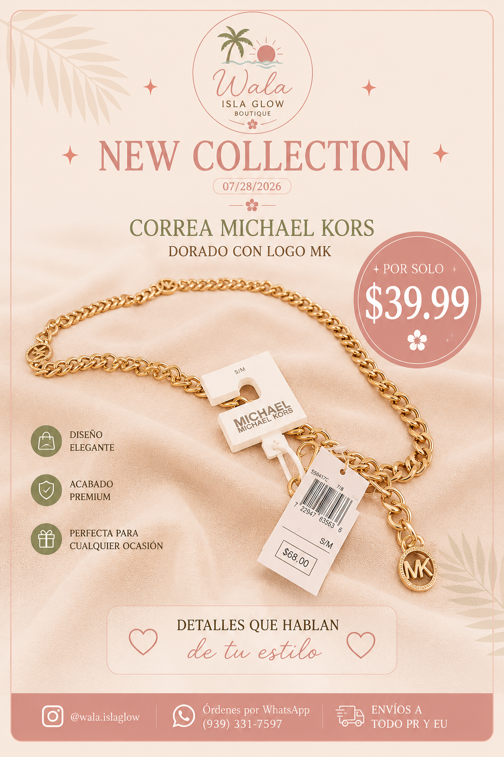 Correa Michael Kors Dorada con Logo MK