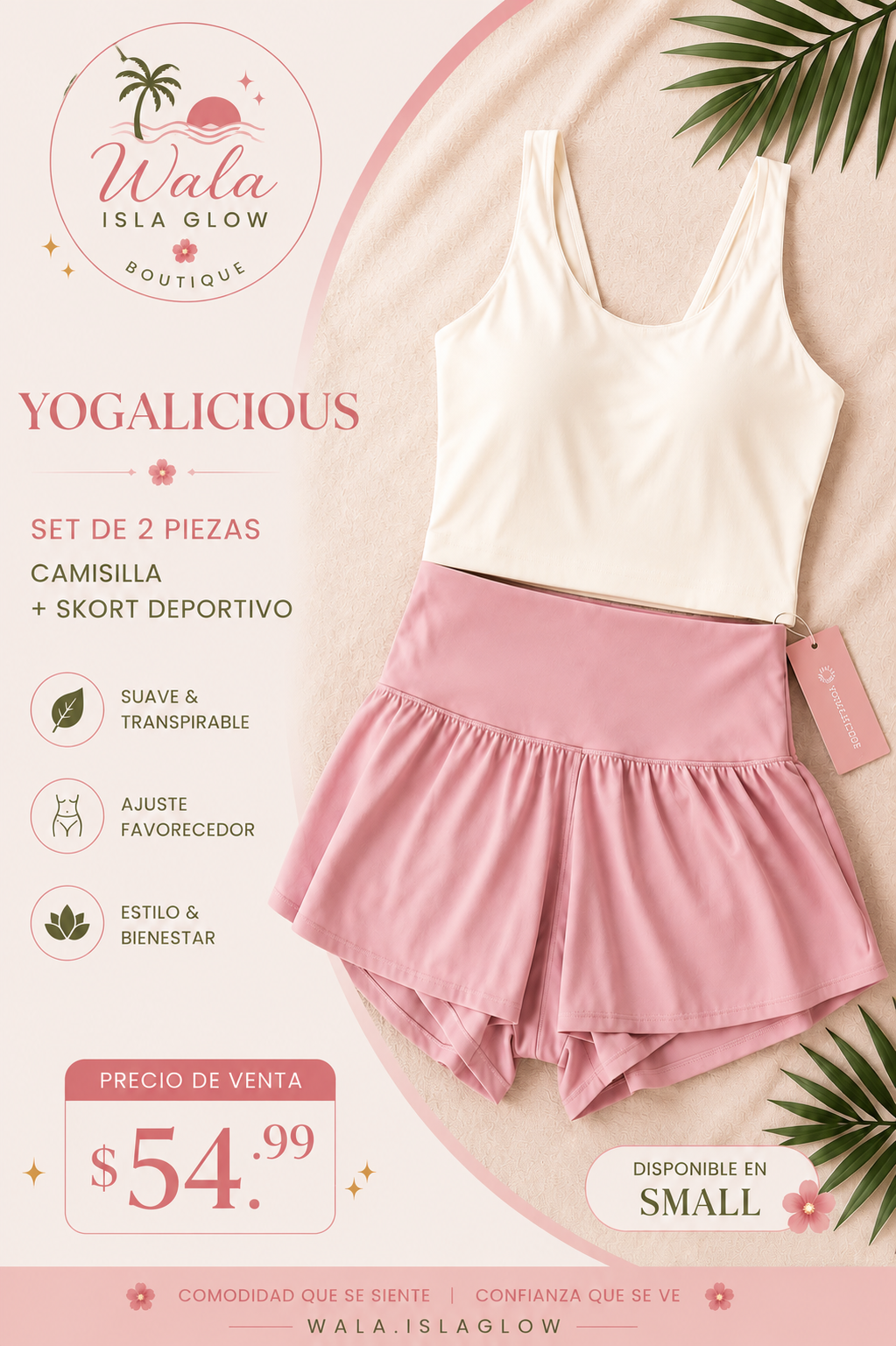 Yogalicious Set 2 Piezas - Camisilla + Skort Deportivo (Crema/Rosa)