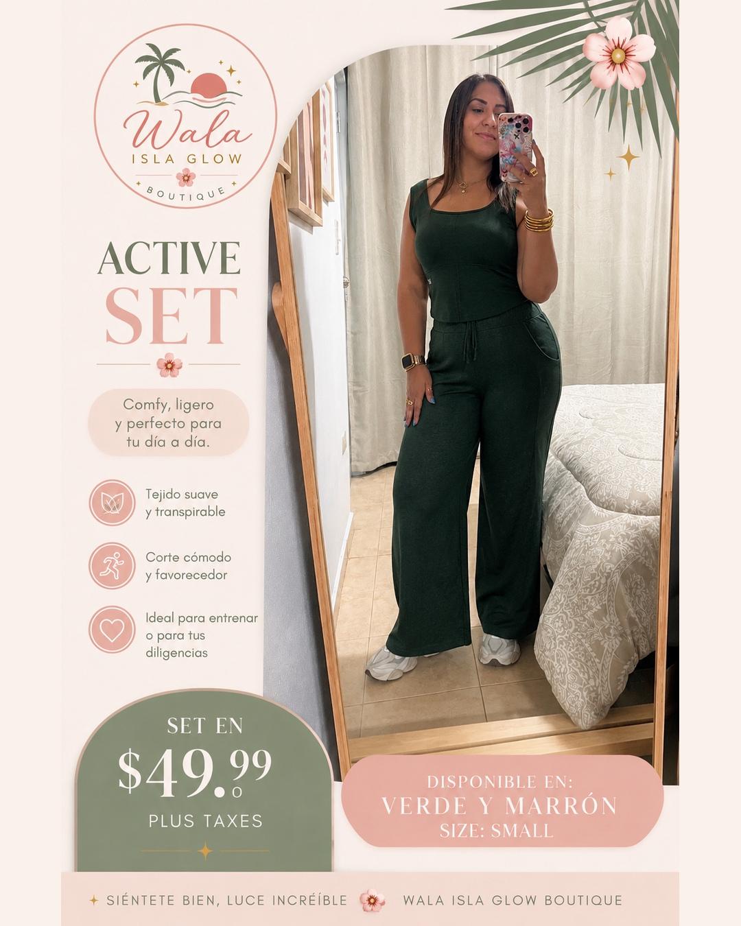 Active Set - Tank + Wide Leg Pants (Verde/Marrón)